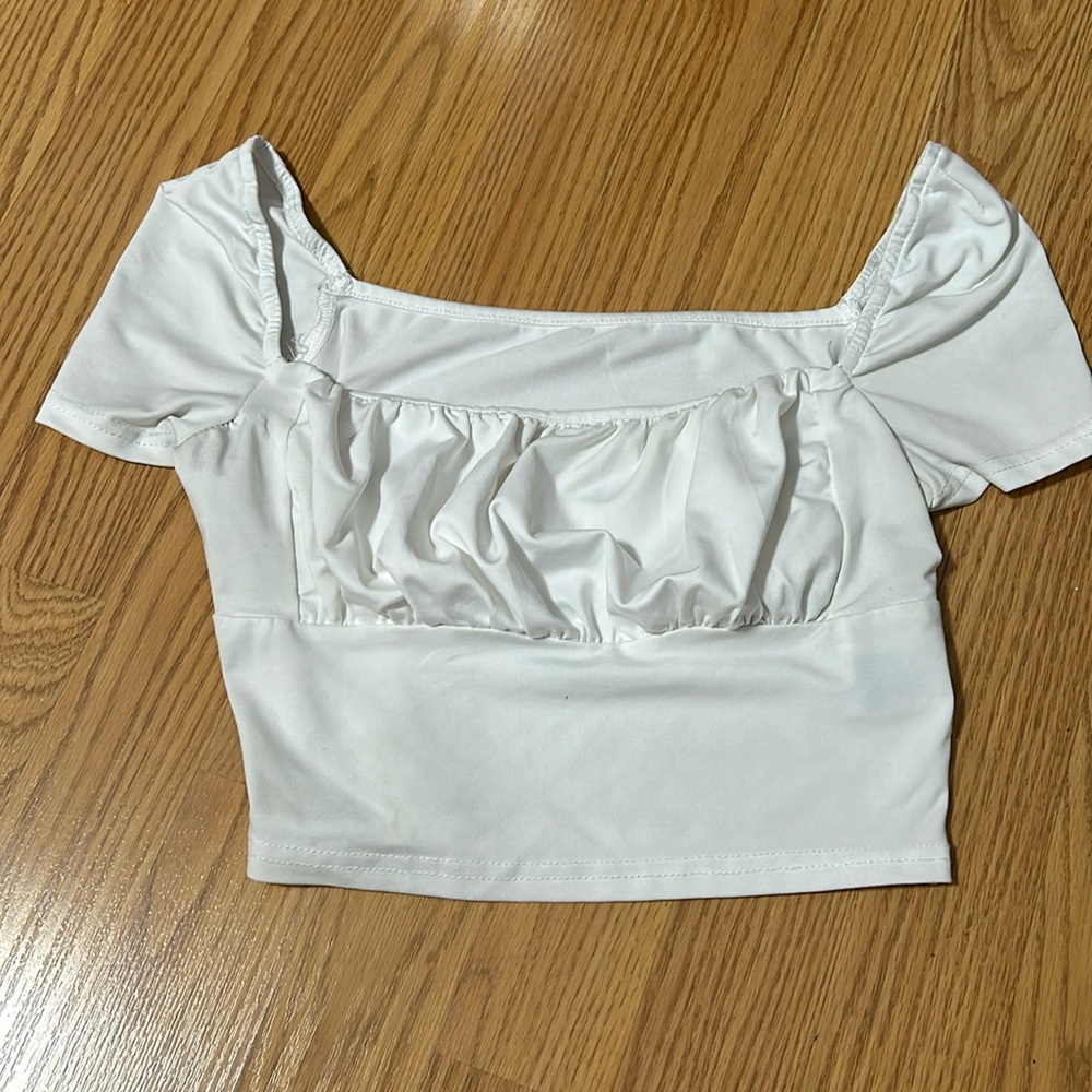 white crop top with scrunched front